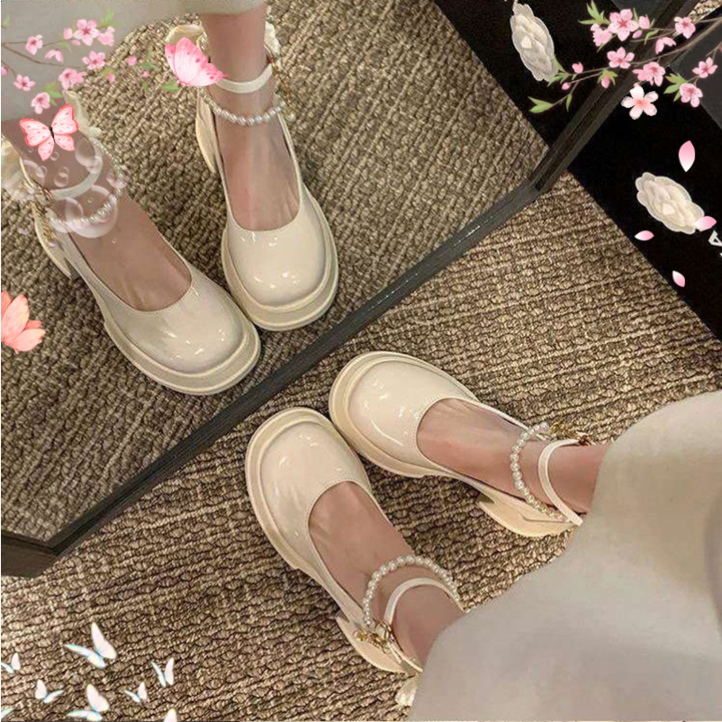 🔥Còn hàng🔥Giày Búp Bê Nữ 7p Mũi Tròn Gót Dày Thiết Kế Khóa Giày lolita đế cao 7cm