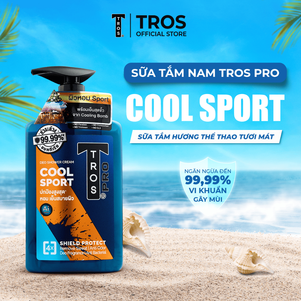 Sữa Tắm Nam TROS COOL SPORT Thái Lan Hương Nước Hoa Thể Thao, Sạch Sâu, Kháng Khuẩn 450ml