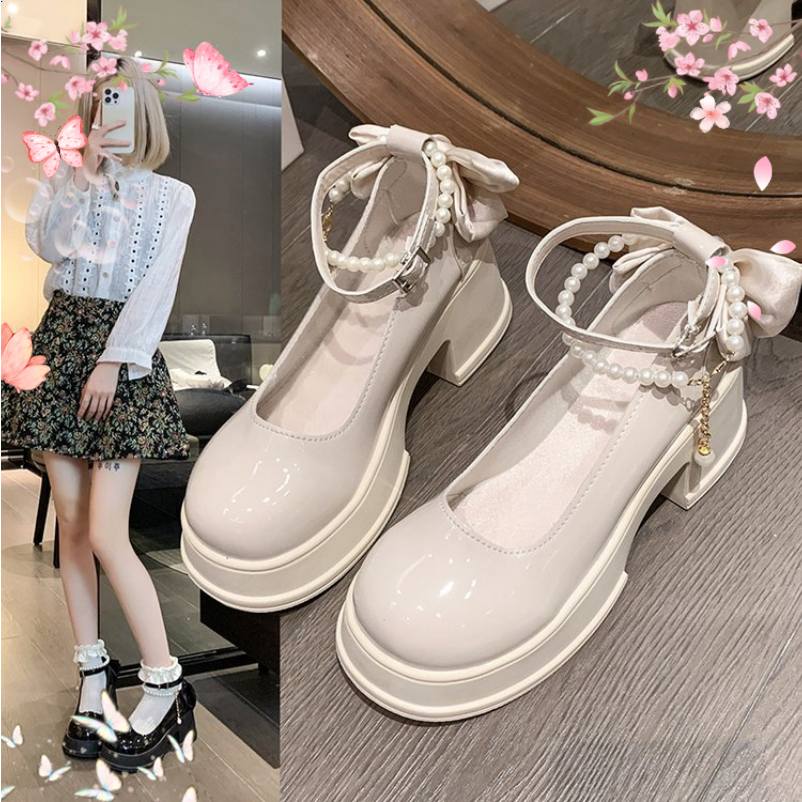 🔥Còn hàng🔥Giày Búp Bê Nữ 7p Mũi Tròn Gót Dày Thiết Kế Khóa Giày lolita đế cao 7cm