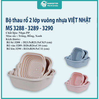 Bộ thau rổ 2 lớp vuông nhựa VIỆT NHẬT - Rửa rau củ quả, trộn thực phẩm - ms: 3288/ 3289/ 3290