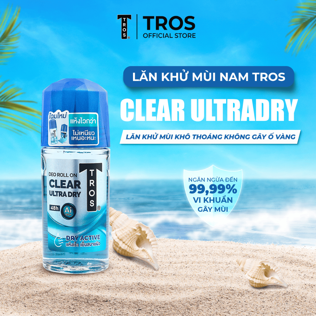 Lăn Khử Mùi Thái Lan TROS CLEAR ULTRA DRY Kiểm Soát Mồ Hôi, Khô Thoáng, Mát Lạnh 25ml & 45ml