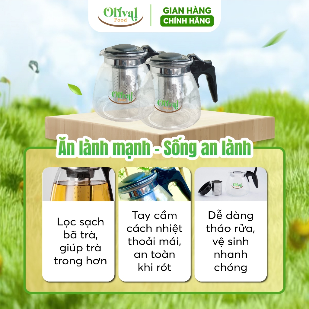 Bình trà bằng thuỷ tinh 1100ml - có lõi lọc inox tiện lợi - Olivalfood