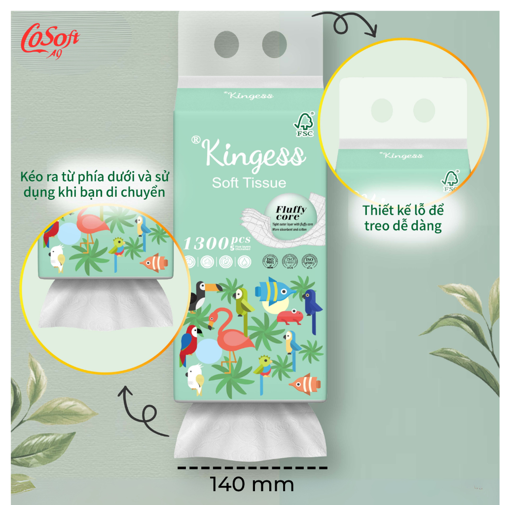 Giấy rút Treo Tường Kingess 5 Lớp – 1300 Tờ/Túi – 6 Túi Giấy Rút Lớn – Mềm Mịn, An Toàn Cho Da