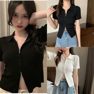 Áo thun tăm đen nữ dáng ngắn cổ bẻ khoá kéo, ôm form chuẩn, cực xinh VANISA CT004