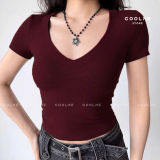 Áo thun cổ tim ôm body nữ không viền may cổ v 2 lớp tay ngắn fit dáng chất cotton mịn mặc hè-G08