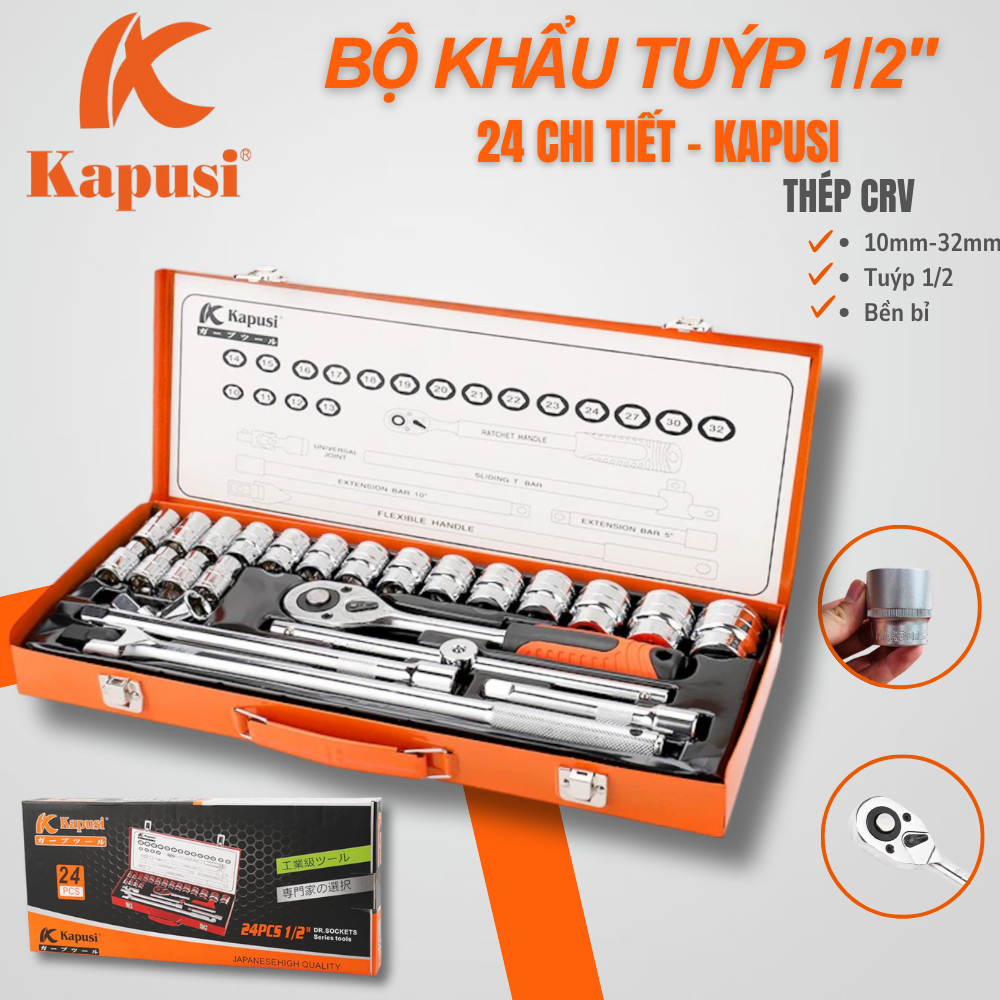 Bộ tuýp khẩu hãng KAPUSI TOOLS 24 chi tiết hệ 1/2 inch chuyên để sửa xe máy, ô tô, máy móc mã k9770