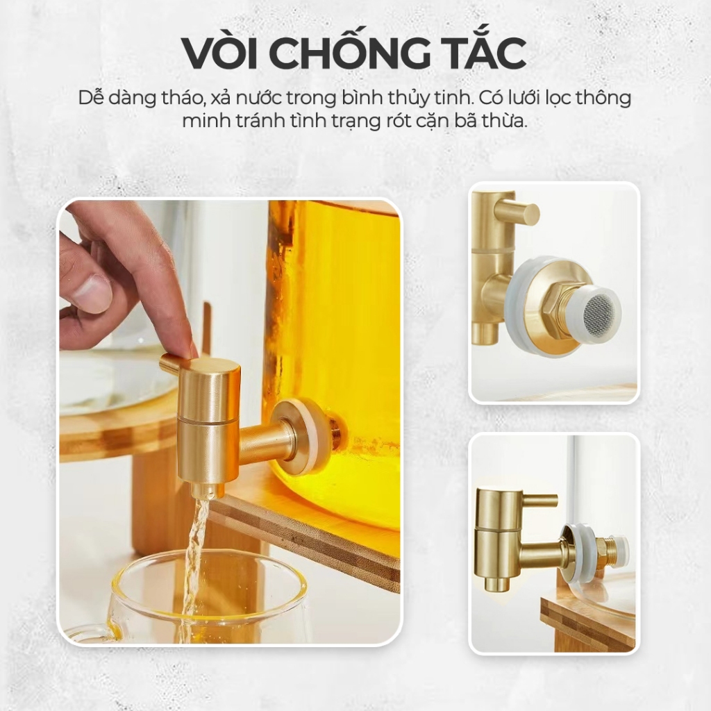 |TẶNG KỆ GỖ| Bình Nước Thủy Tinh Chịu Nhiệt - Dung Tích 5L,8L,11L, Vòi Inox 304, Nắp Tre Đệm Silicon