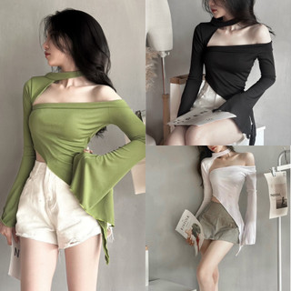 Áo thun gân trễ vai tay dài bất đối xứng có khăn cổ dáng ôm body sexy cá tính VANISA CT018