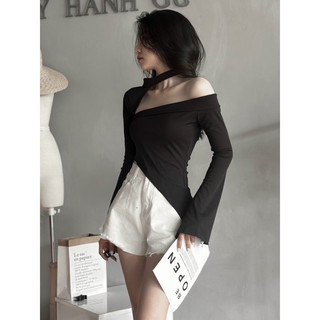 Áo thun gân trễ vai tay dài bất đối xứng có khăn cổ dáng ôm body sexy cá tính VANISA CT018