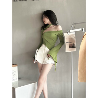 Áo thun gân trễ vai tay dài bất đối xứng có khăn cổ dáng ôm body sexy cá tính VANISA CT018