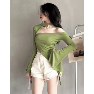 Áo thun gân trễ vai tay dài bất đối xứng có khăn cổ dáng ôm body sexy cá tính VANISA CT018
