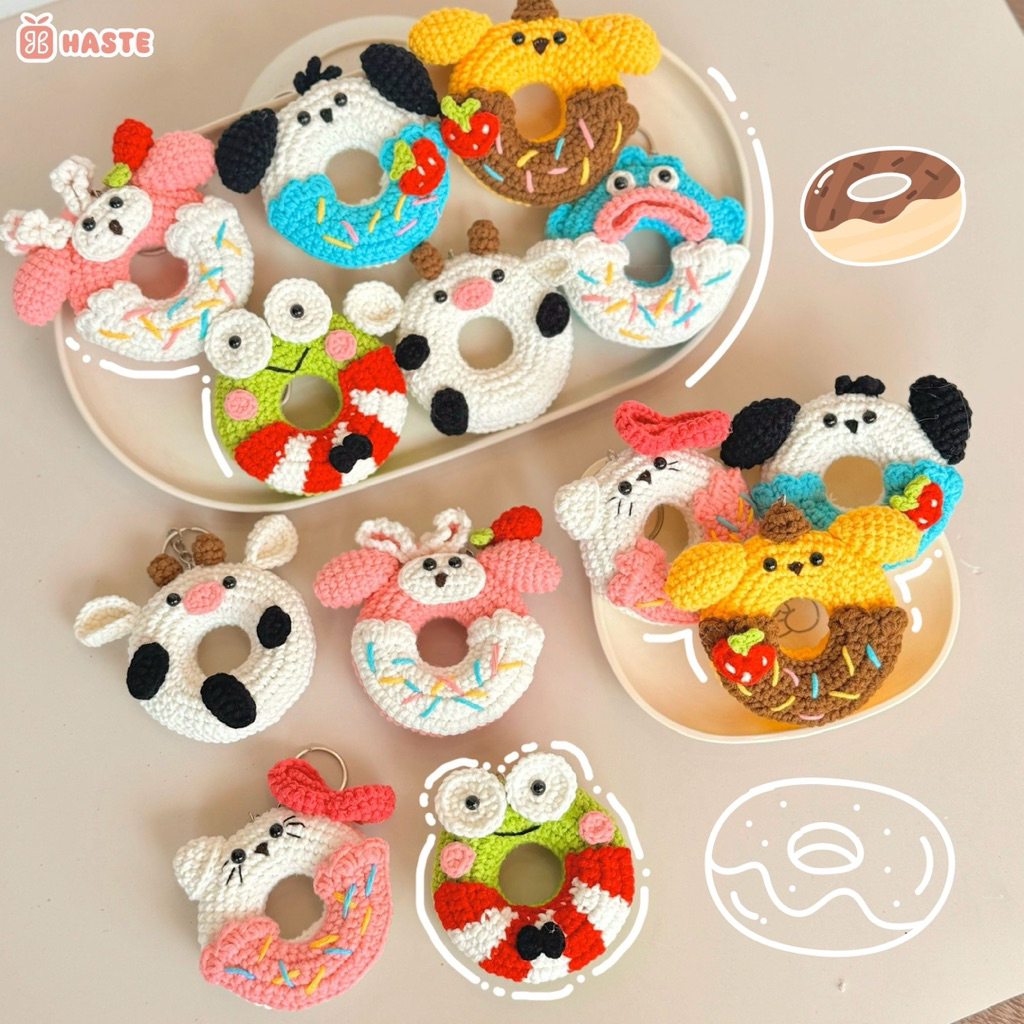 Móc Khoá Len Bánh Donut Hoạt Hình Melody Purin Pompom Hello Kitty Bánh Vòng Dễ Thương Handmade