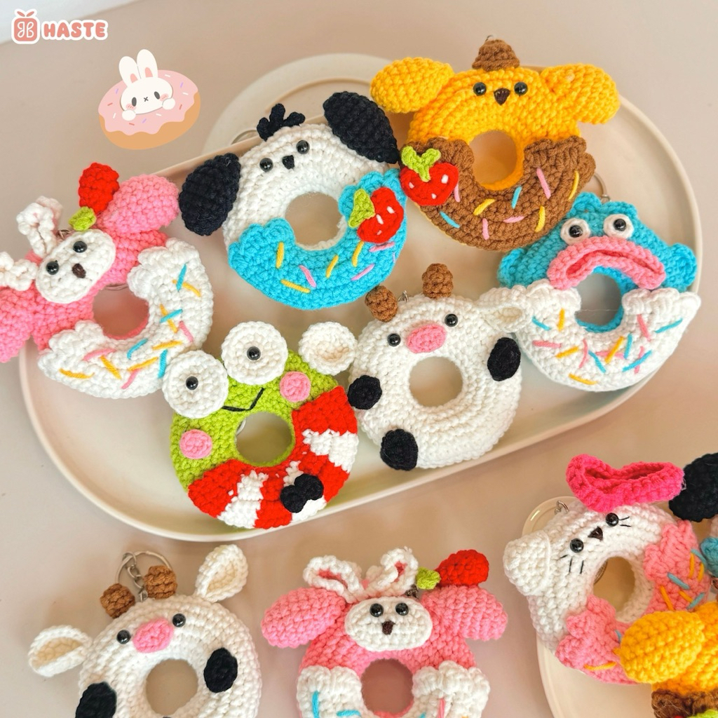 Móc Khoá Len Bánh Donut Hoạt Hình Melody Purin Pompom Hello Kitty Bánh Vòng Dễ Thương Handmade