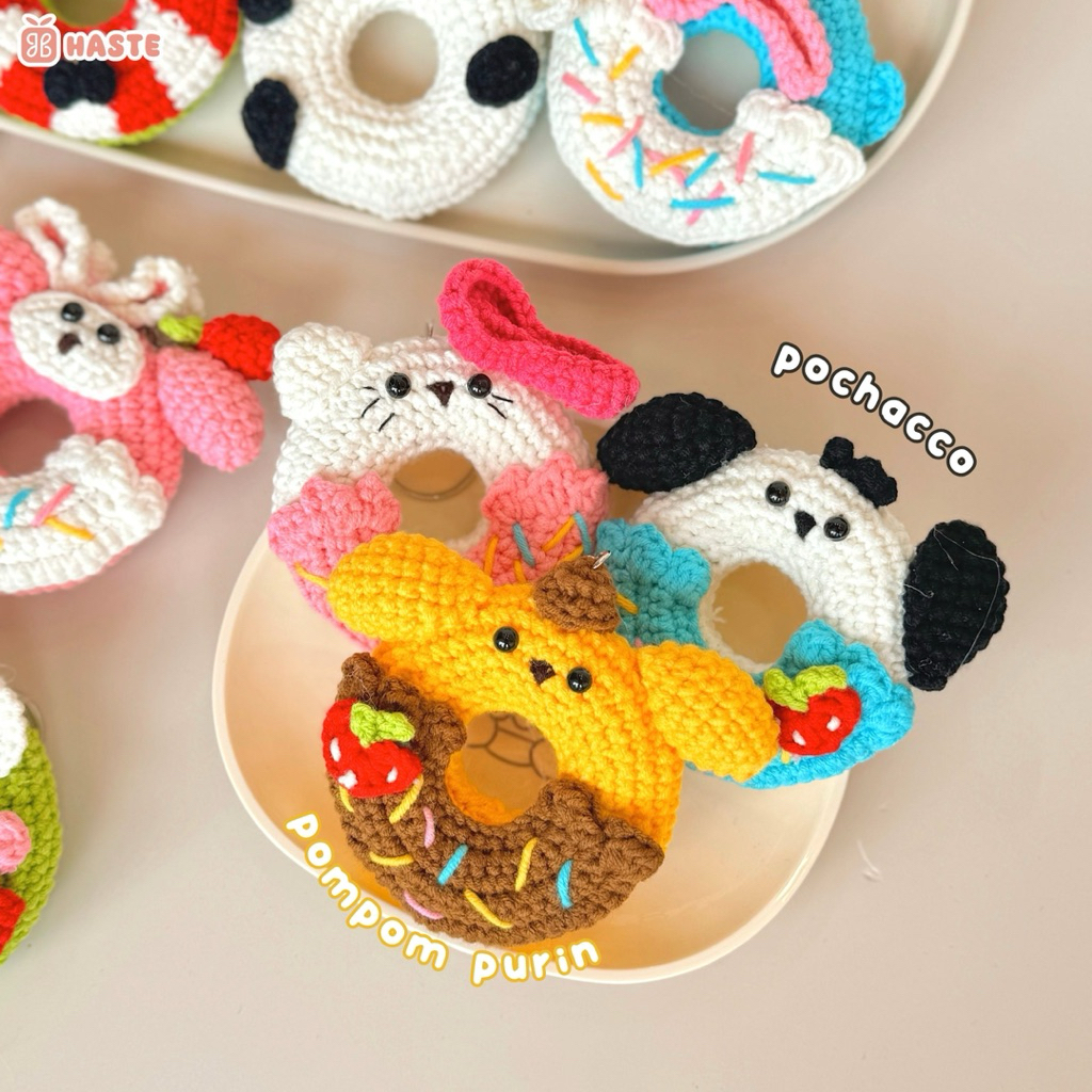Móc Khoá Len Bánh Donut Hoạt Hình Melody Purin Pompom Hello Kitty Bánh Vòng Dễ Thương Handmade