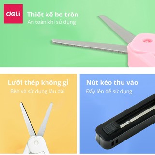 Kéo Mini Deli 6072 Thu Gọn 105mm – Lưỡi Thép Không Gỉ – An Toàn Cho Học Sinh