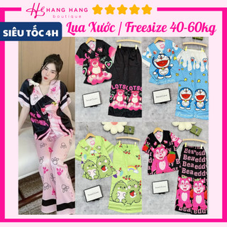 Đồ ngủ nữ 40-60kg, pijama dài cộc tay ngắn cổ nhọn nhún lụa xước mềm mát 60CD17, đồ bộ nữ đồ mặc nhà gấu dâu dễ thương