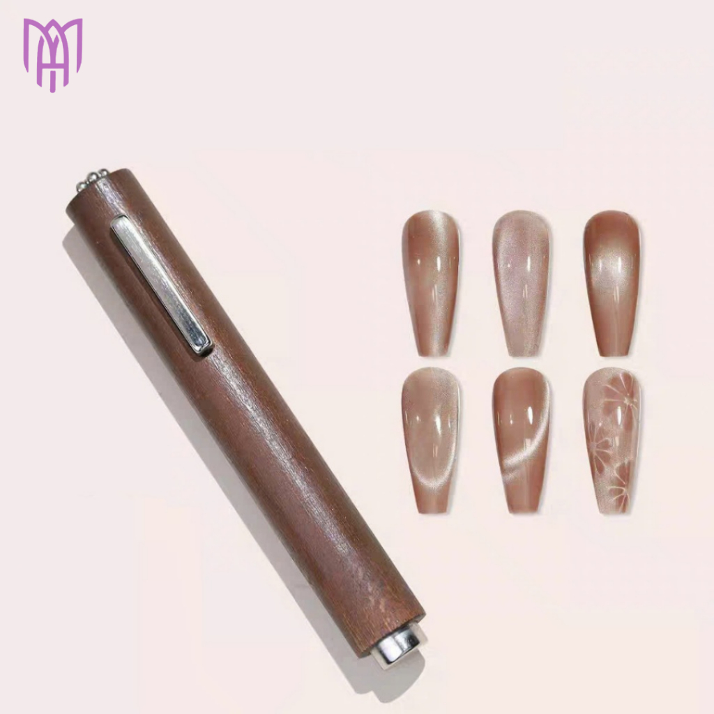 Bút Nam Châm Đẩy Sơn Gel Mắt Mèo Xì Gà Style Cán Gỗ 3 in 1 - Tạo Hình Hoa Văn, Trái Tim, Hiệu Ứng 3D