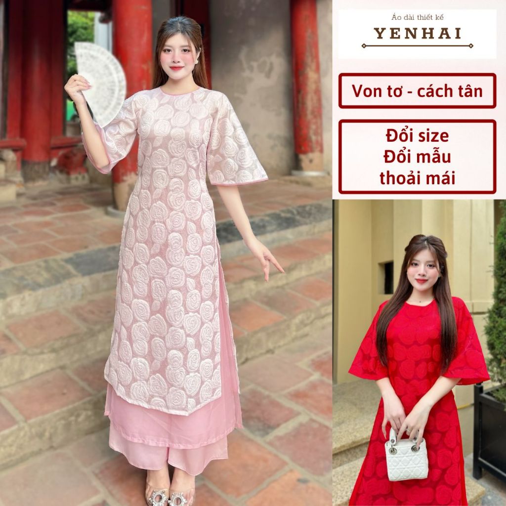 Áo dài cách tân hồng cẩm anh dệt hoa nổi 4 tà dáng suông mặc trẻ trung