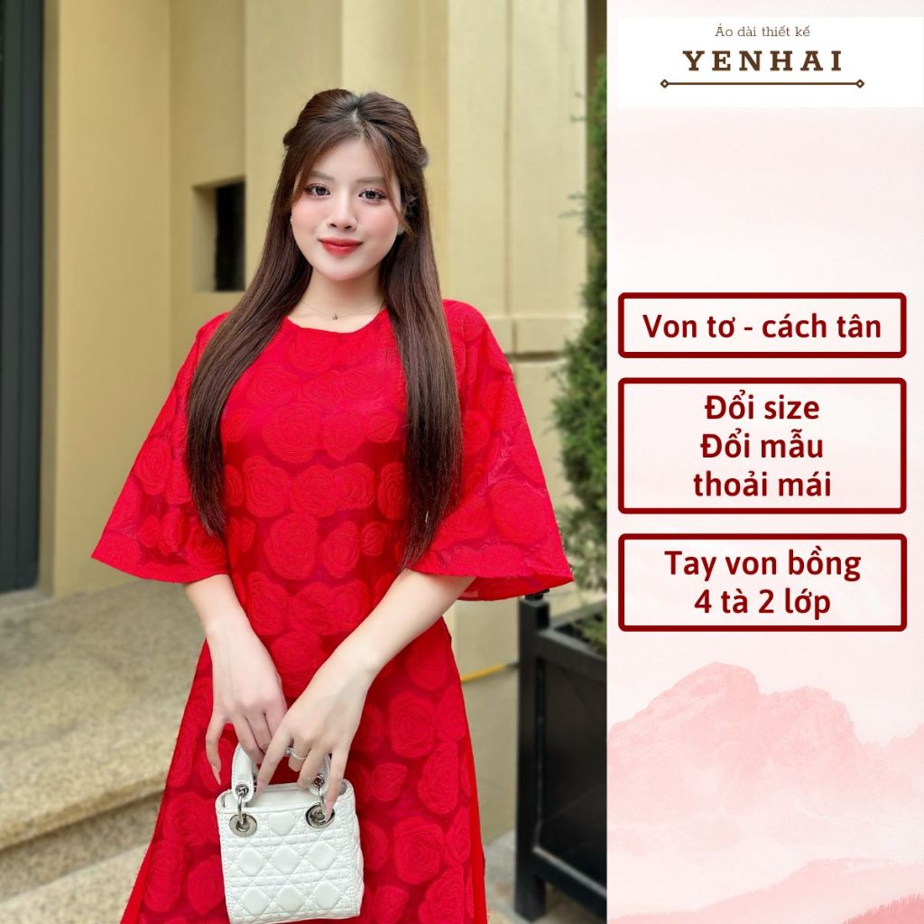 Áo dài cách tân hồng cẩm anh dệt hoa nổi 4 tà dáng suông mặc trẻ trung