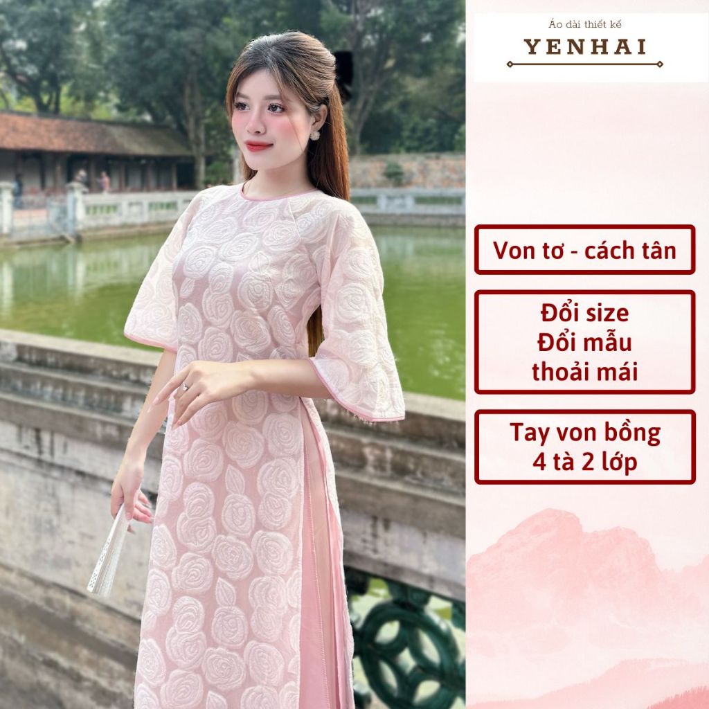 Áo dài cách tân hồng cẩm anh dệt hoa nổi 4 tà dáng suông mặc trẻ trung