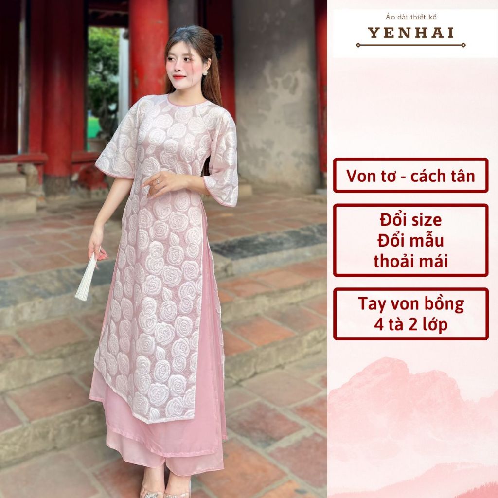 Áo dài cách tân hồng cẩm anh dệt hoa nổi 4 tà dáng suông mặc trẻ trung