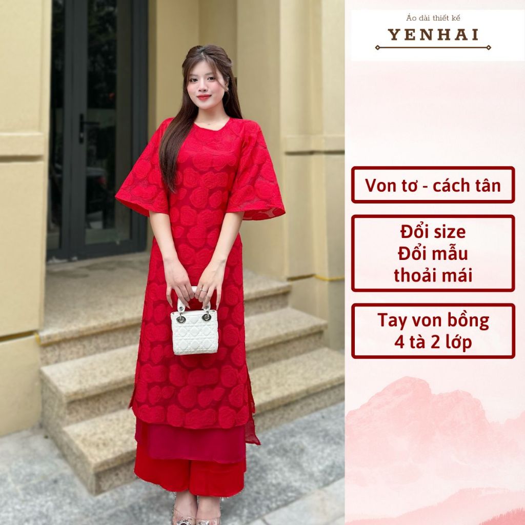Áo dài cách tân hồng cẩm anh dệt hoa nổi 4 tà dáng suông mặc trẻ trung