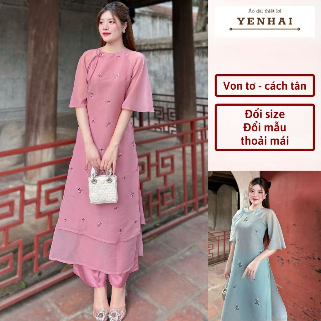 áo dài cách tân Hinh Duyệt thêu hoa nhí thiết kế 4 tà tay loe thắt nơ trẻ trung mặc tết đẹp