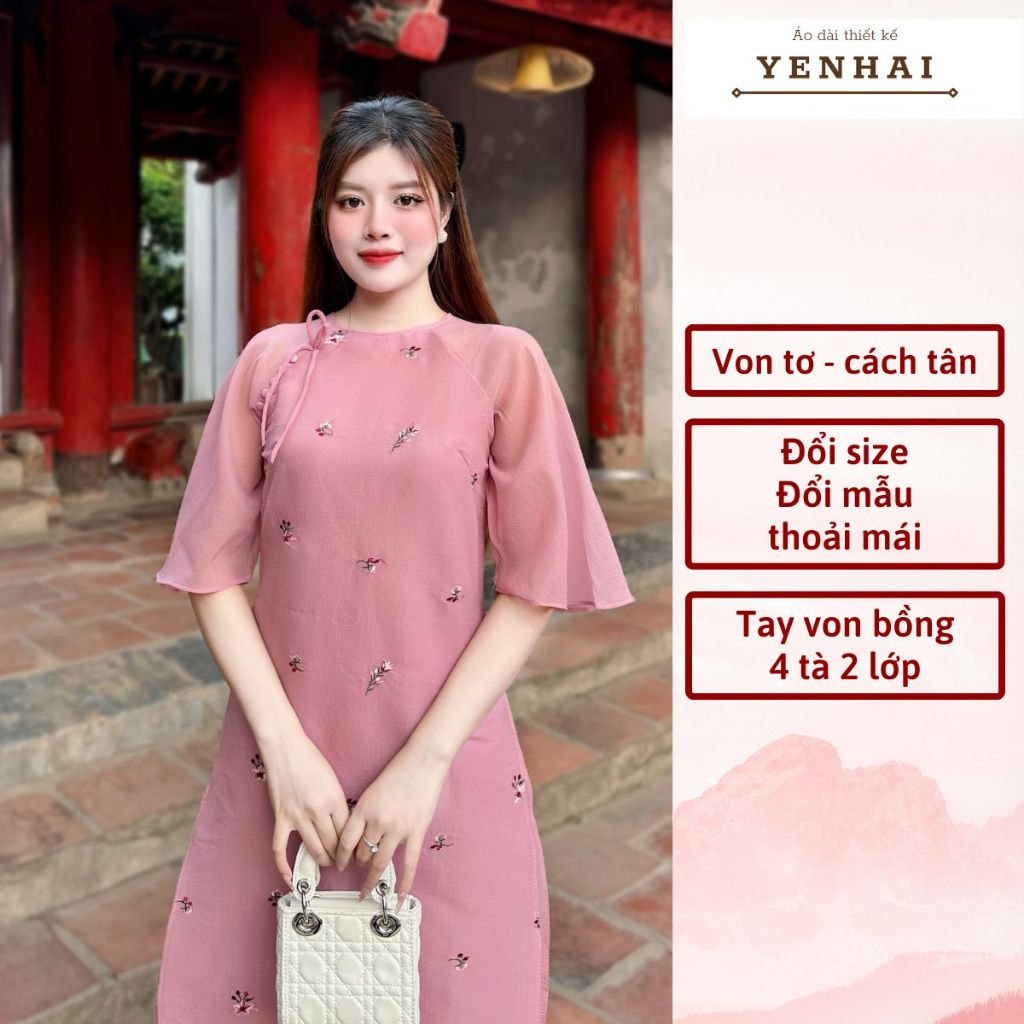 áo dài cách tân Hinh Duyệt thêu hoa nhí thiết kế 4 tà tay loe thắt nơ trẻ trung mặc tết đẹp