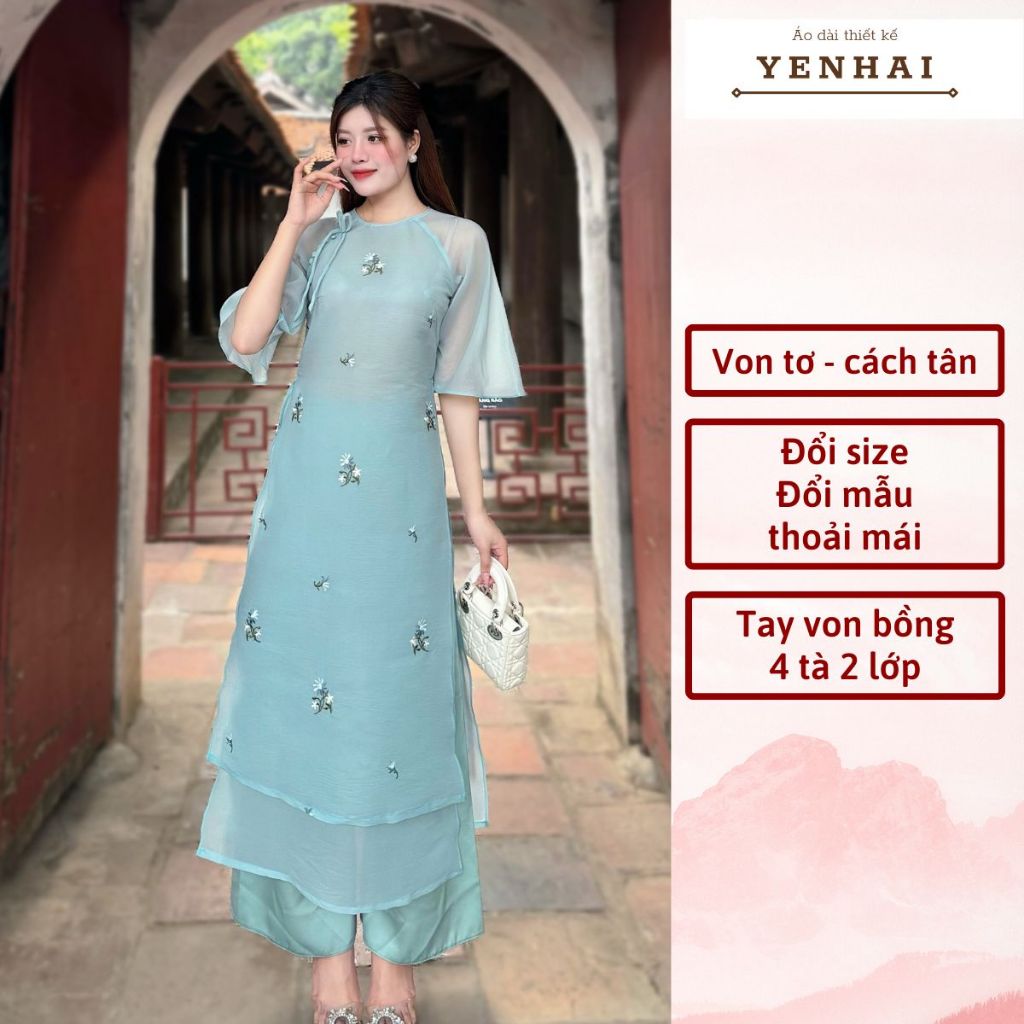 áo dài cách tân Hinh Duyệt thêu hoa nhí thiết kế 4 tà tay loe thắt nơ trẻ trung mặc tết đẹp