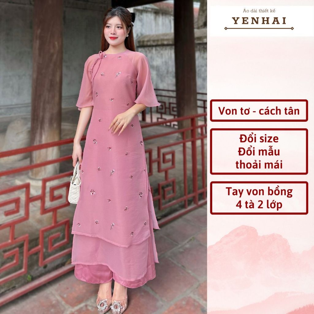 áo dài cách tân Hinh Duyệt thêu hoa nhí thiết kế 4 tà tay loe thắt nơ trẻ trung mặc tết đẹp