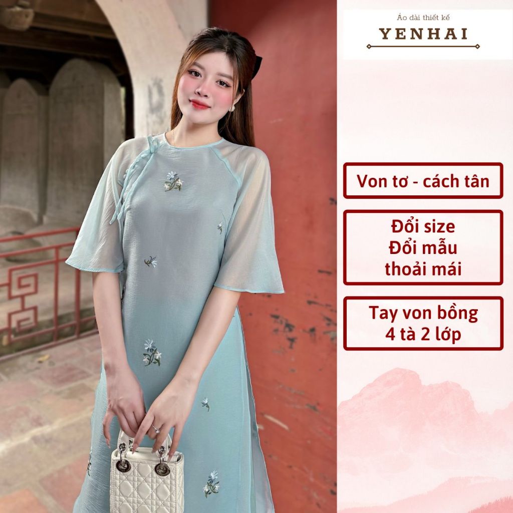 áo dài cách tân Hinh Duyệt thêu hoa nhí thiết kế 4 tà tay loe thắt nơ trẻ trung mặc tết đẹp