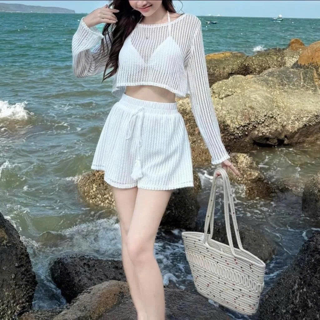 BỘ ĐỒ BƠI SÉT BIKINI 3 MÓN ÁO CROTOP TAY DÀI BRA TAM GIÁC QUẦN CẠP CAO 2 LỚP TRẺ TRUNG NĂNG ĐỘNG 