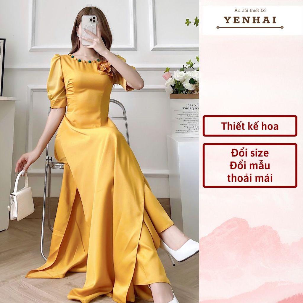 Áo dài truyền thống thiết kế đính hoa kèm cúc bọc vải vai bồng von tơ chất lụa tây thi