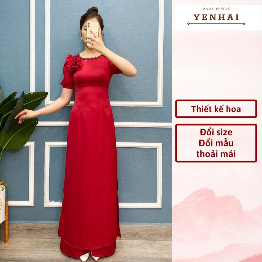 Áo dài truyền thống thiết kế đính hoa kèm cúc bọc vải vai bồng von tơ chất lụa tây thi