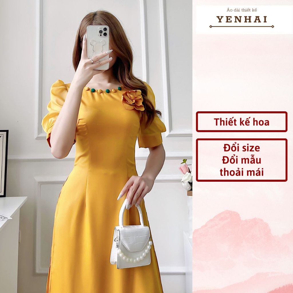Áo dài truyền thống thiết kế đính hoa kèm cúc bọc vải vai bồng von tơ chất lụa tây thi