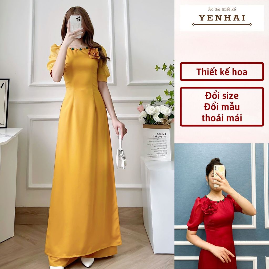 Áo dài truyền thống thiết kế đính hoa kèm cúc bọc vải vai bồng von tơ chất lụa tây thi