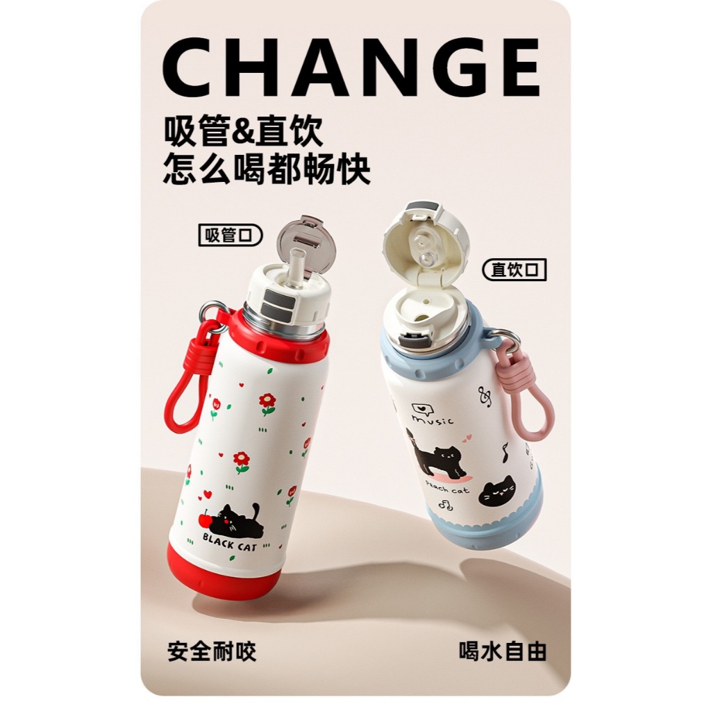 BÌNH GIỮ NHIỆT BLACK CAT INOX 316 CAO CẤP – 2 PHONG CÁCH UỐNG CÓ QUAI XÁCH TIỆN LỢI – DUNG TÍCH 550ML / 750ML