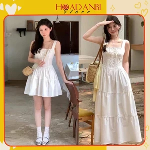 Váy 2 dây dáng dài maxi trắng tiểu thư nhúm eo ly ngực tôn dáng đi biển du lịch siêu xinh hàn quốc
