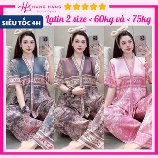 Đồ ngủ nữ pijama dài cộc tay cổ v chữ y kèm cột tóc bigsize lụa latin mịn mát 2SCD03, đồ bộ nữ đồ mặc nhà rừng cao cấp