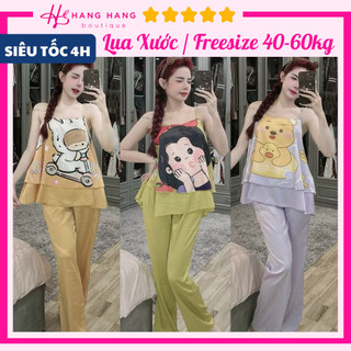 Đồ ngủ nữ 40-60kg, đồ ngủ 2 dây bèo tầng quần dài lụa xước mềm mát 60DS03, đồ bộ nữ đồ mặc nhà dễ thương cute