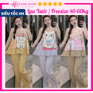 Đồ ngủ nữ 40-60kg, đồ ngủ 2 dây bèo tầng quần dài lụa xước mềm mát 60DS03, đồ bộ nữ đồ mặc nhà dễ thương cute