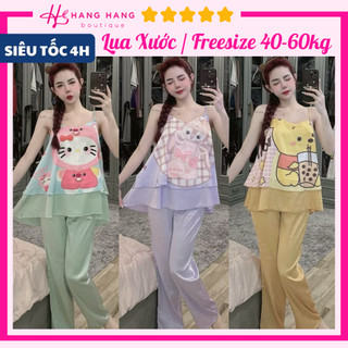 Đồ ngủ nữ 40-60kg, đồ ngủ 2 dây bèo tầng quần dài lụa xước mềm mát 60DS03, đồ bộ nữ đồ mặc nhà dễ thương cute