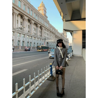Set áo khoác dạ blazer cổ phối nơ chiết eo tà nhún kết hợp quần đùi bèo ren phong cách tiểu thư sang chảnh