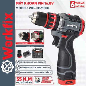 Máy khoan pin WORKFIX WF-ID1016BL, Động cơ Không chổi than, 3 Chức năng 10mm, Có khóa trục, Tặng 24 Phụ kiện