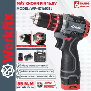 Máy khoan pin WORKFIX WF-ID1016BL, Động cơ Không chổi than, 3 Chức năng 10mm, Có khóa trục, Tặng 24 Phụ kiện