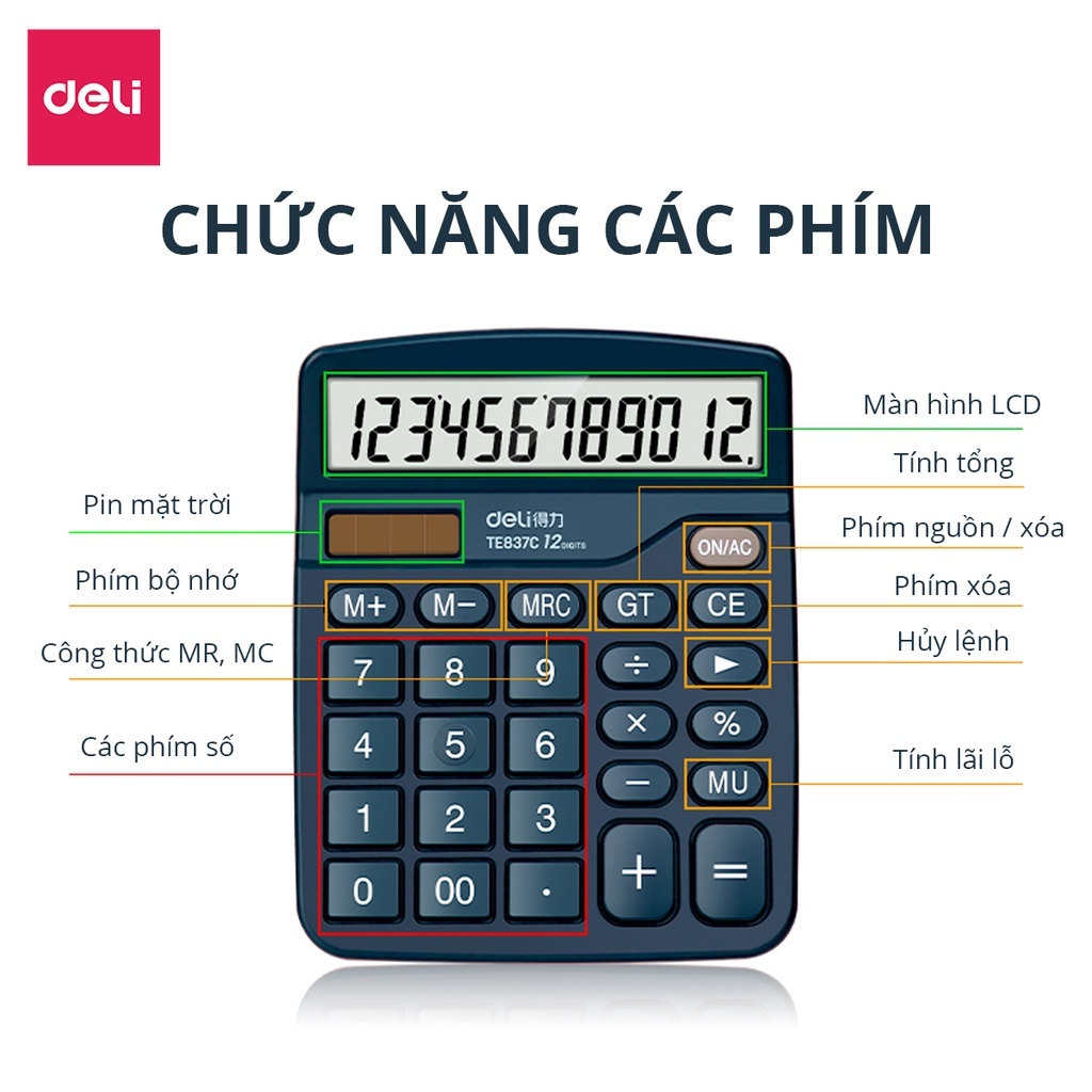 Máy Tính Để Bàn Deli 12 Số – Bền Bỉ, Tiện Dụng, Phù Hợp Học Sinh – Văn Phòng – Thu Ngân