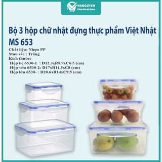 Bộ hộp chữ nhật trong nhựa VIỆT NHẬT - Nắp ron kín khóa gài - Đựng thực phẩm tủ lạnh - MS: 6530