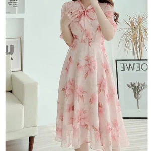 Đầm Voan Hoa Mới Cột Nơ THỜI TRANG Phối Màu Cực Đẹp Nữ Tính