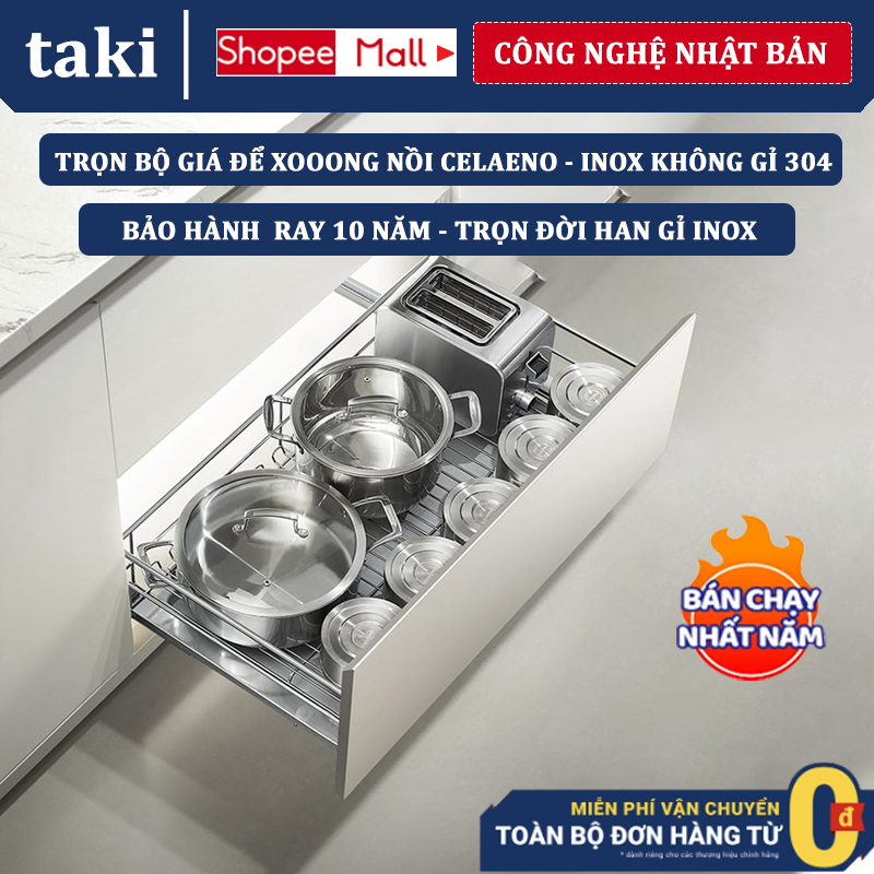 Trọn Bộ Giá Kéo Xoong Nồi CELAENO CAO CẤP, INOX KHÔNG GỈ 304 - Ray Giảm Chấn - Bảo Hành Vĩnh Viễn - Có Thợ Lắp