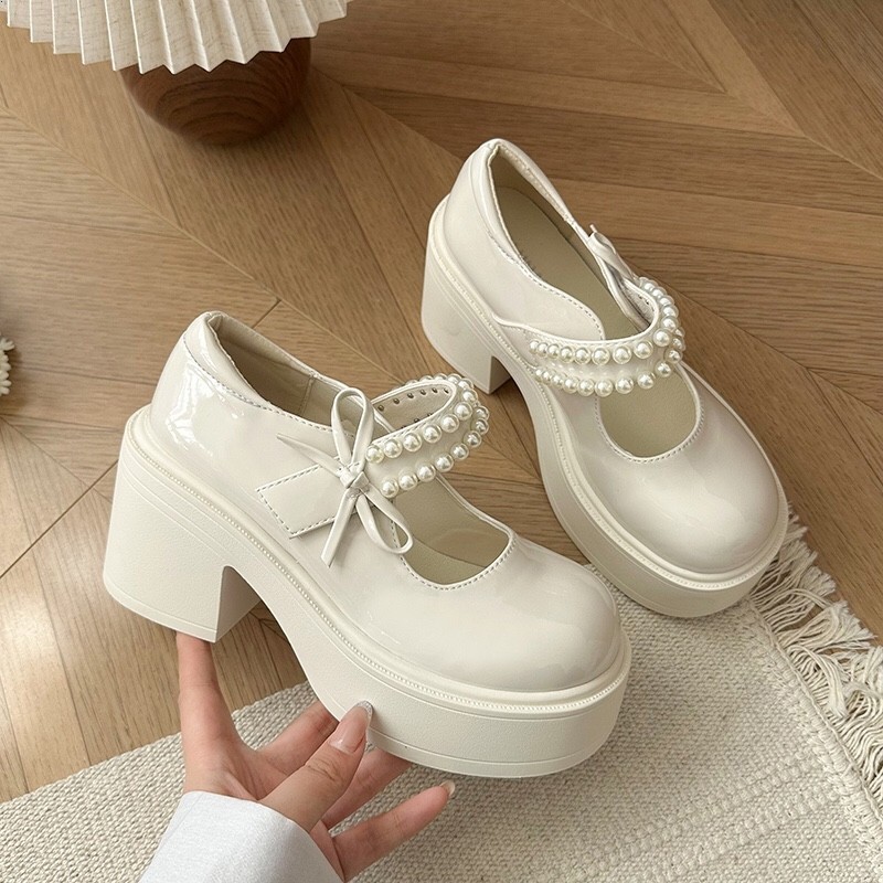 Giày JK nữ Nhật Bản Mary Jane 8cm đế cao nơ ngọc trai lolita vintage giày nữ học sinh công chúa dễ thương